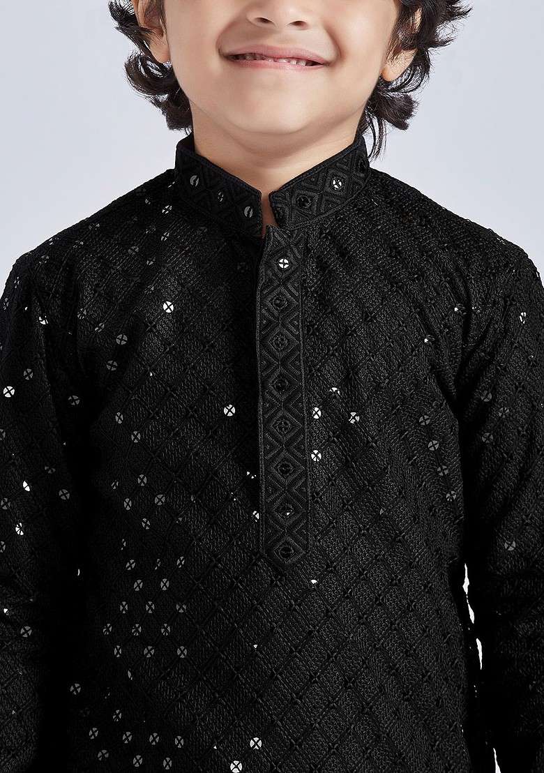 Black Embroidered Blended Kurta Set For Boys - Indya