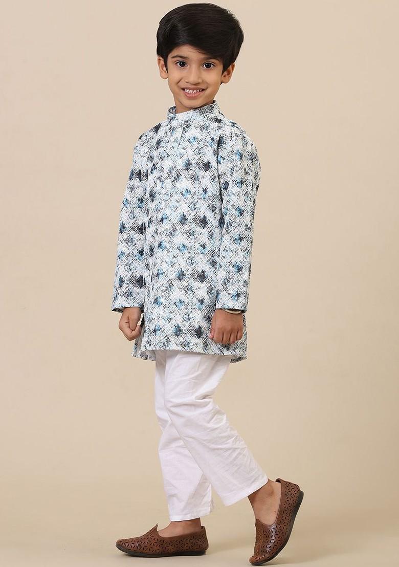 White Printed Cotton Kurta Set For Boys - Indya