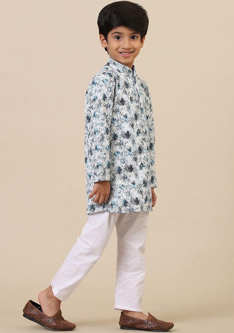 White Printed Cotton Kurta Set For Boys - Indya