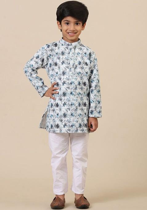 White Printed Cotton Kurta Set For Boys — view on Indya