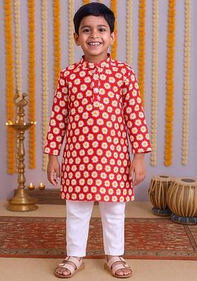 Red Printed Cotton Kurta Set For Boys