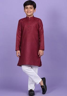 Maroon Woven Design Blended Kurta Set For Boys