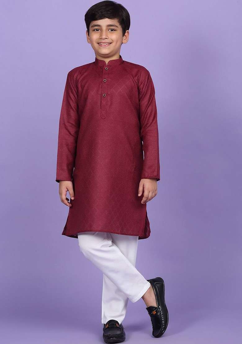 Maroon Woven Design Blended Kurta Set For Boys - Indya