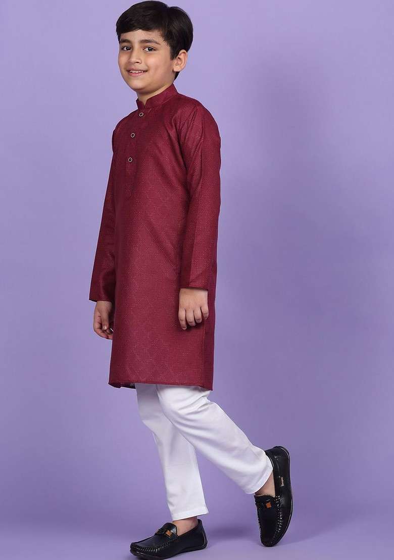 Maroon Woven Design Blended Kurta Set For Boys - Indya