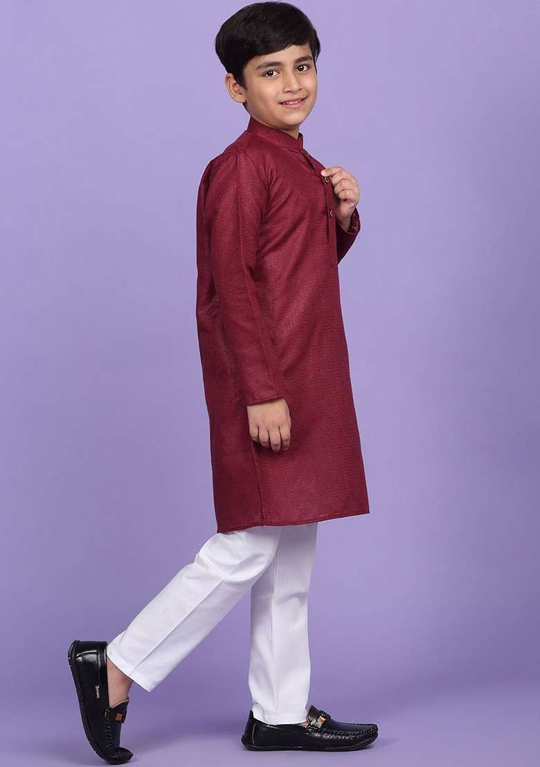 Maroon Woven Design Blended Kurta Set For Boys - Indya