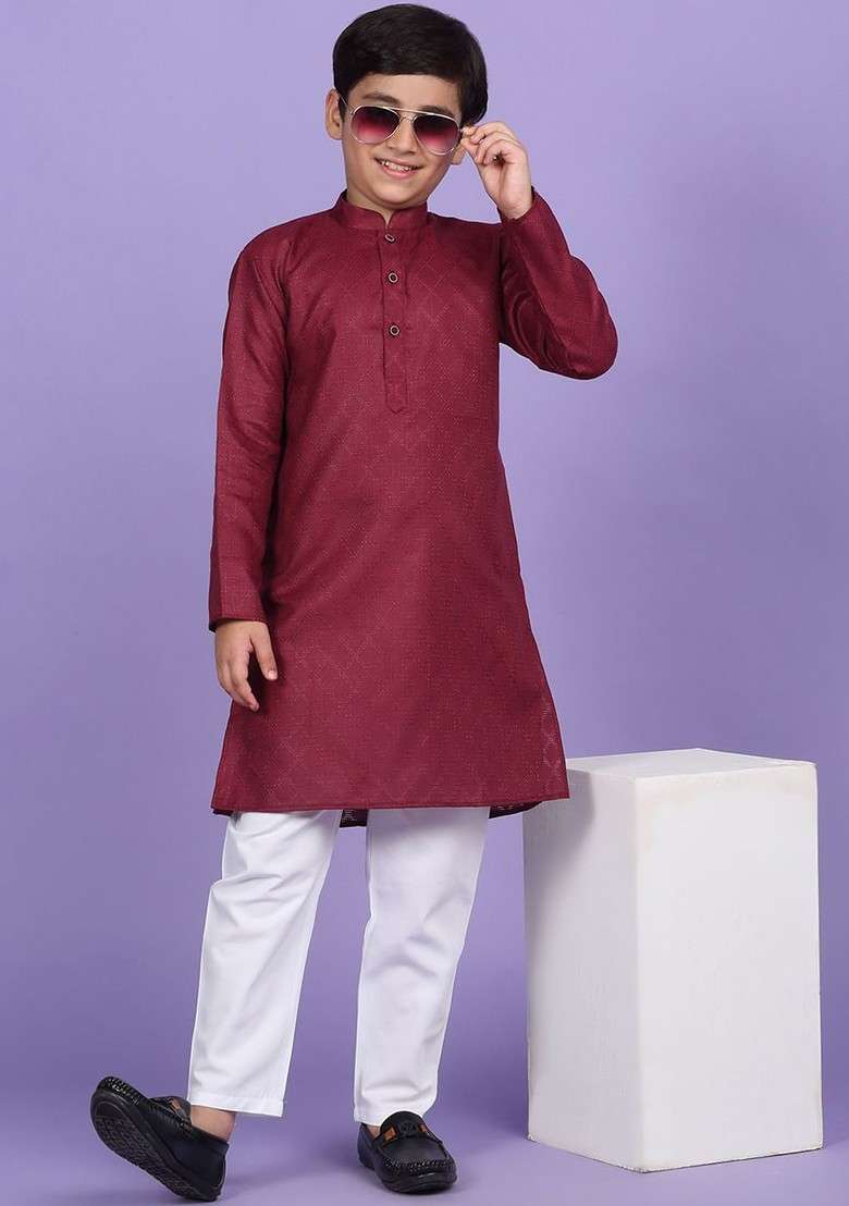 Maroon Woven Design Blended Kurta Set For Boys - Indya