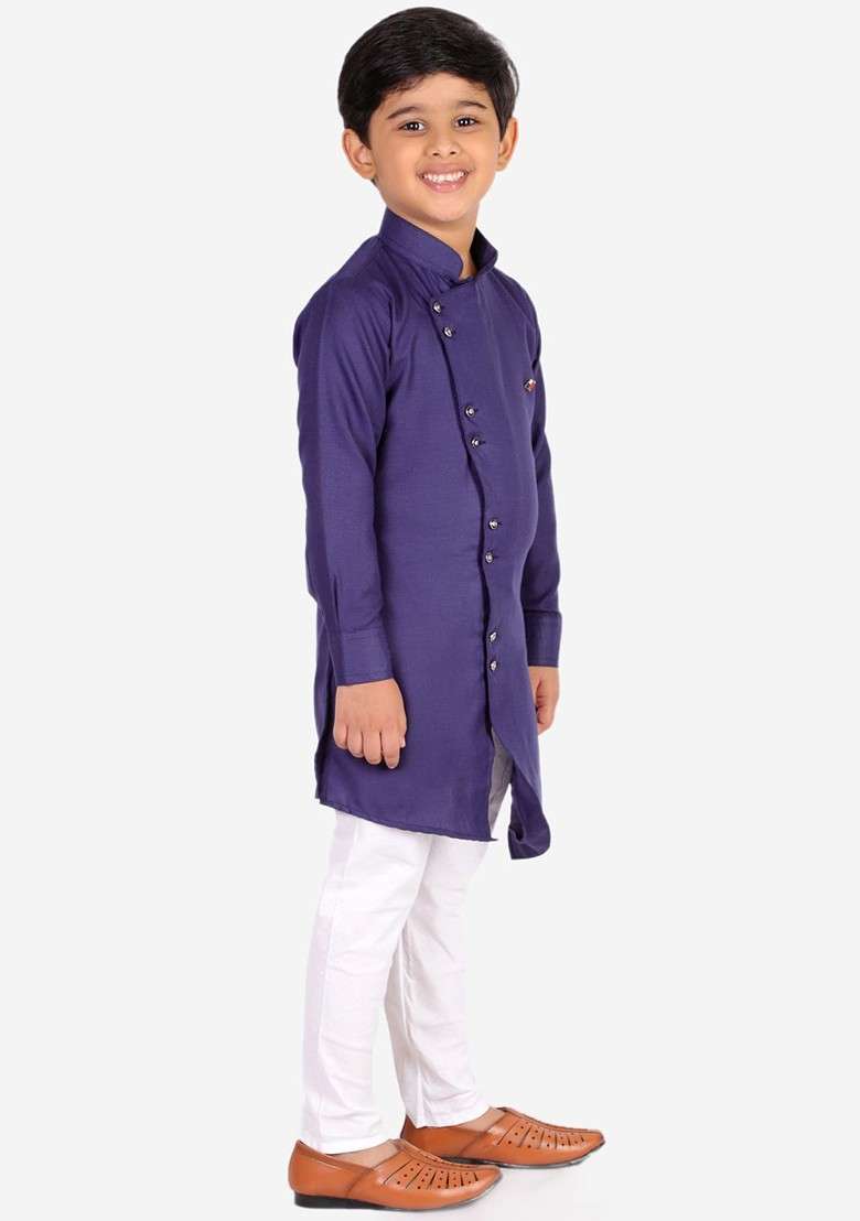 Blue Embroidered Blended Kurta Set For Boys - Indya