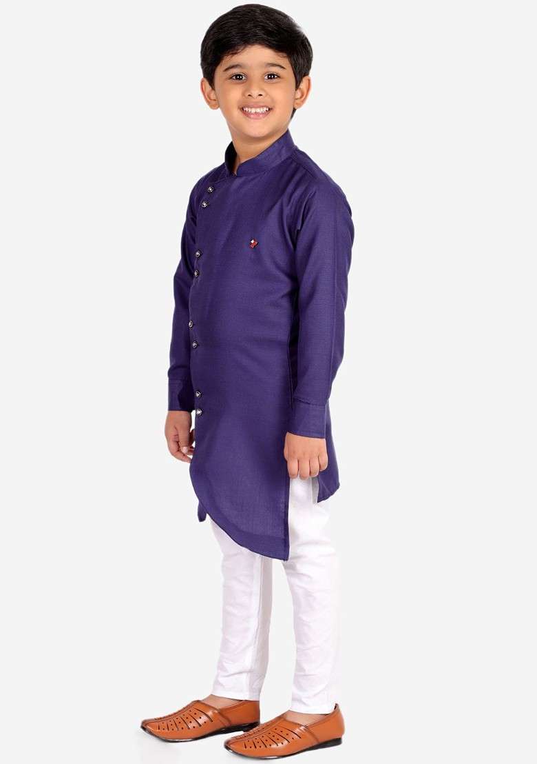 Blue Embroidered Blended Kurta Set For Boys - Indya