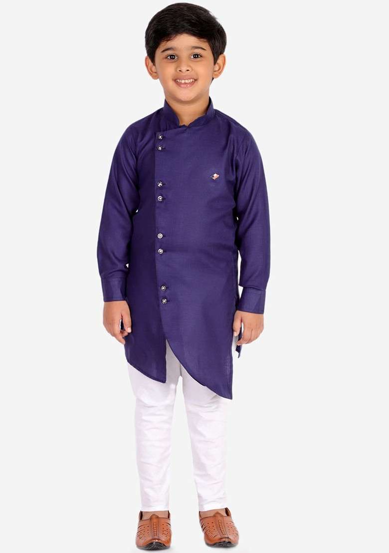 Blue Embroidered Blended Kurta Set For Boys - Indya