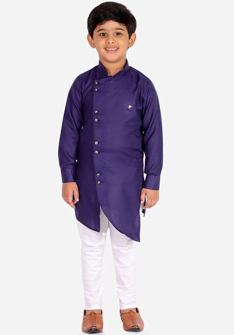Blue Embroidered Blended Kurta Set For Boys