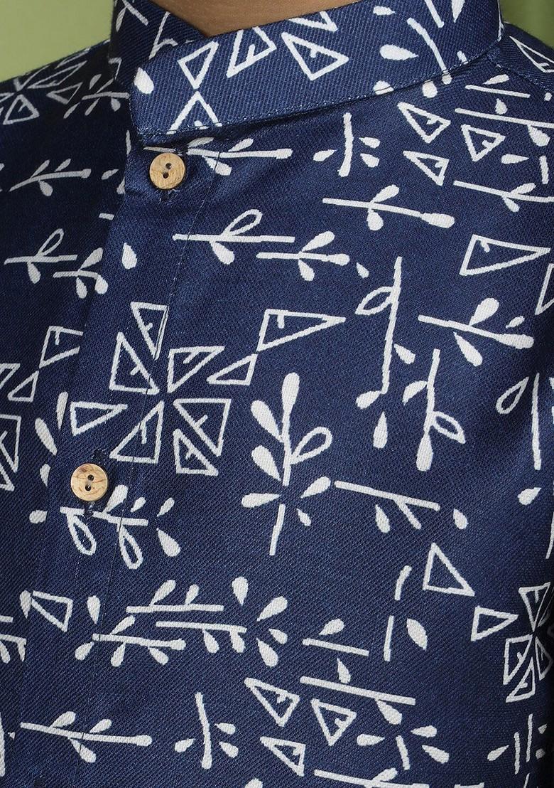 Navy Blue Printed Cotton Kurta Set For Boys - Indya