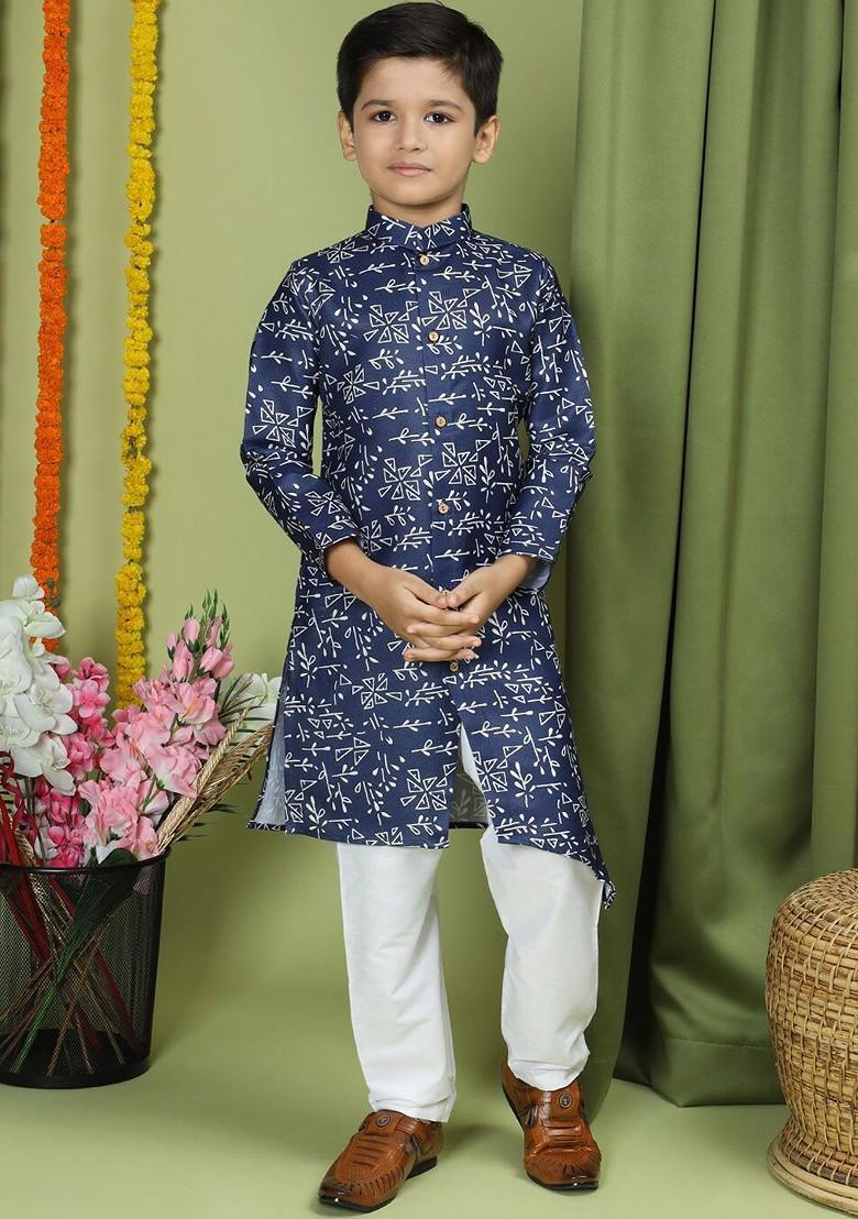 Navy Blue Printed Cotton Kurta Set For Boys - Indya