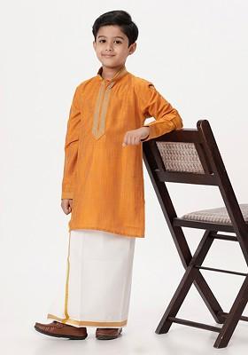 Orange Thread Work Blended Kurta Dhoti Set For Boys