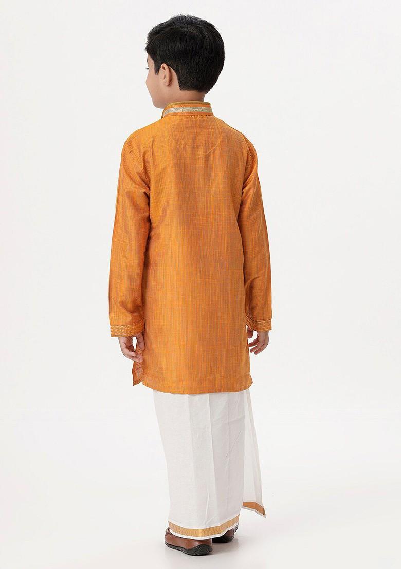 Orange Thread Work Blended Kurta Dhoti Set For Boys - Indya