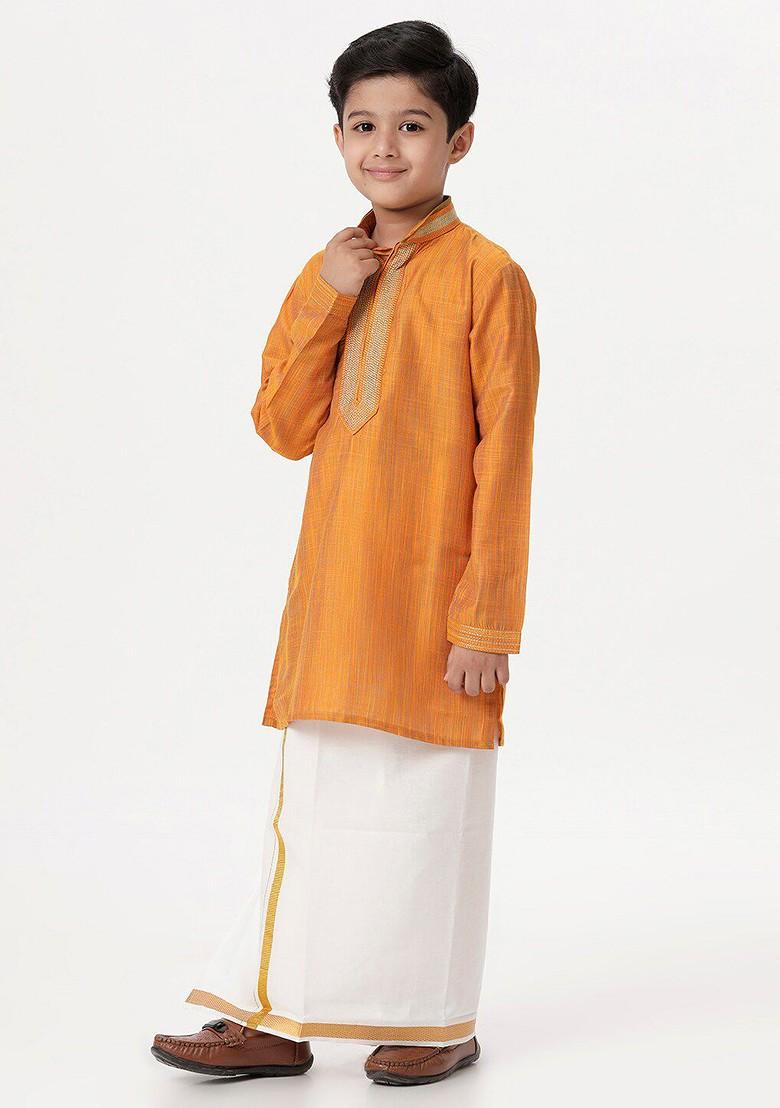 Orange Thread Work Blended Kurta Dhoti Set For Boys - Indya