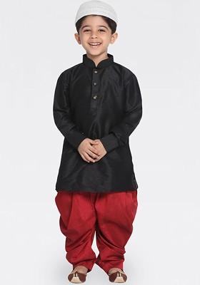 Black Embroidered Blended Kurta Dhoti Set For Boys