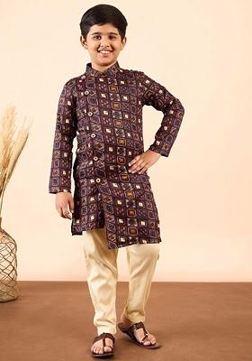 Brown Printed Blended Kurta Set For Boys