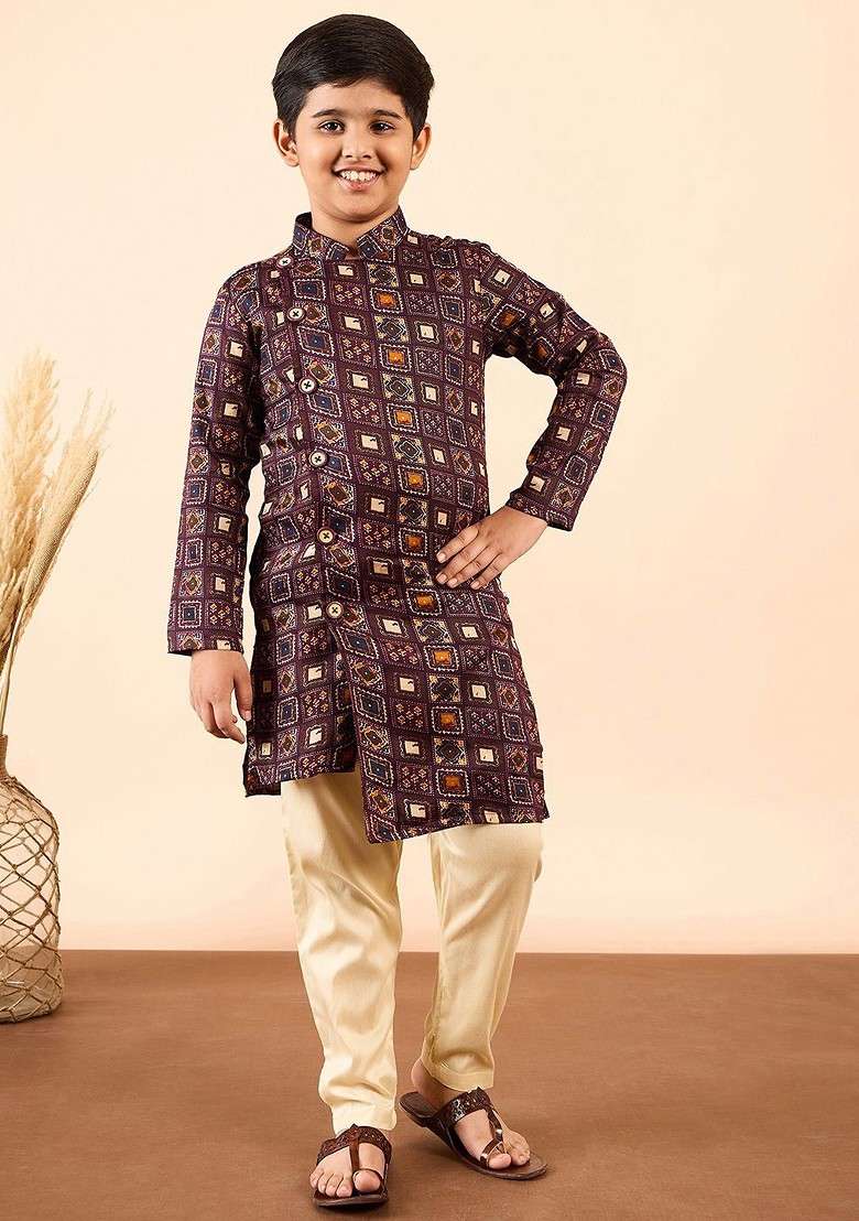 Brown Printed Blended Kurta Set For Boys - Indya