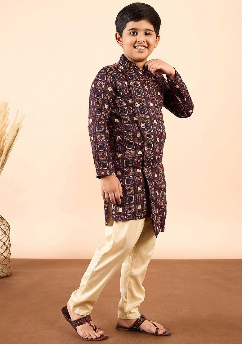 Brown Printed Blended Kurta Set For Boys - Indya