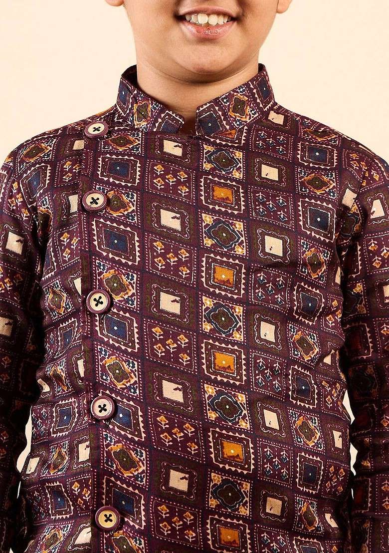 Brown Printed Blended Kurta Set For Boys - Indya