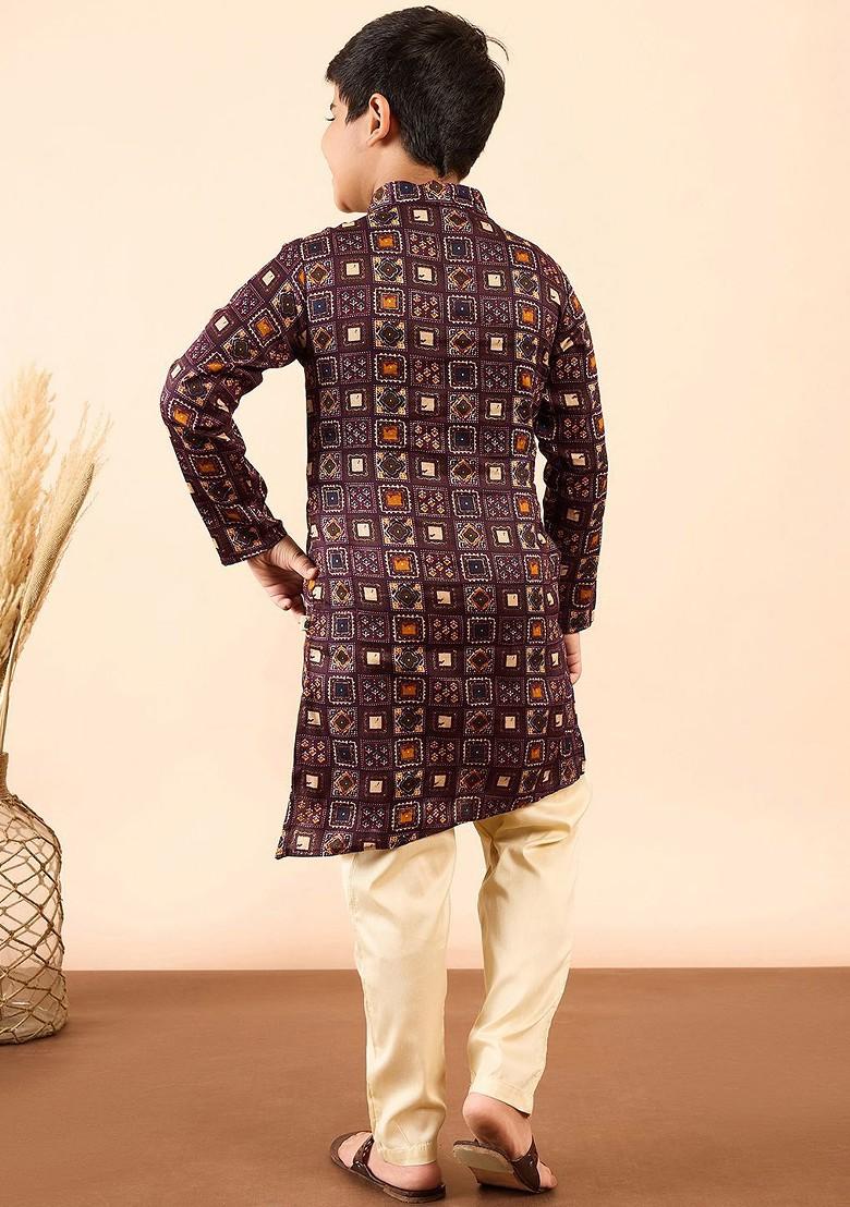 Brown Printed Blended Kurta Set For Boys - Indya