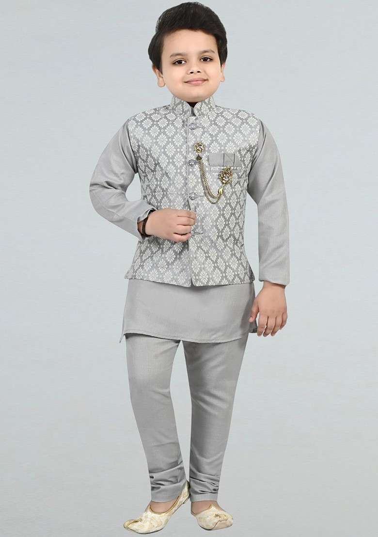 Grey Embroidered Silk Kurta Set For Boys - Indya