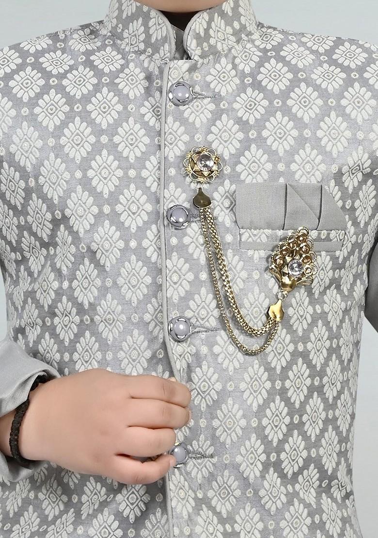 Grey Embroidered Silk Kurta Set For Boys - Indya