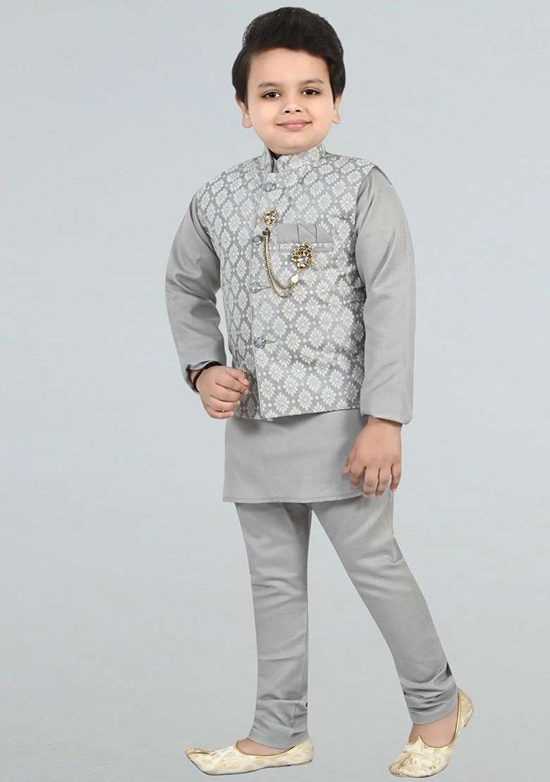 Grey Embroidered Silk Kurta Set For Boys - Indya