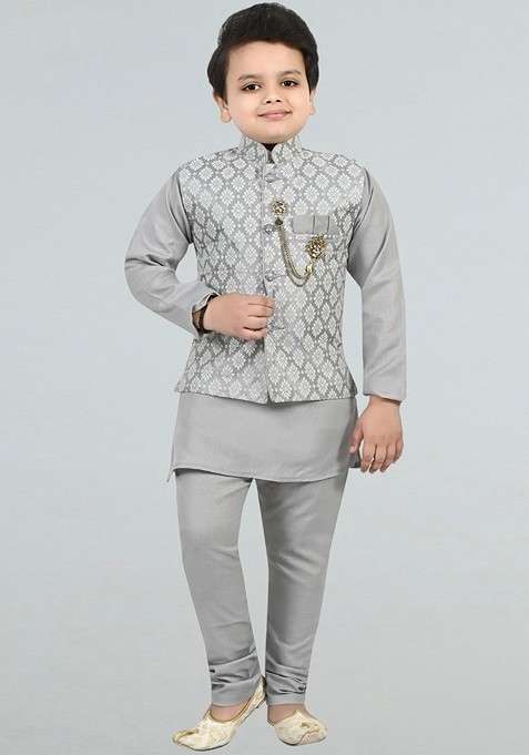 Grey Embroidered Silk Kurta Set For Boys