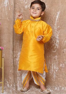 Yellow Embroidered Blended Kurta Dhoti Set For Boys