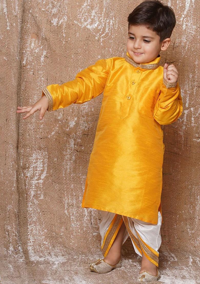 Yellow Embroidered Blended Kurta Dhoti Set For Boys - Indya