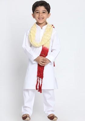 White Solid Cotton Kurta Set For Boys
