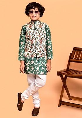 Green Printed Blended Nehru Jacket Set For Boys