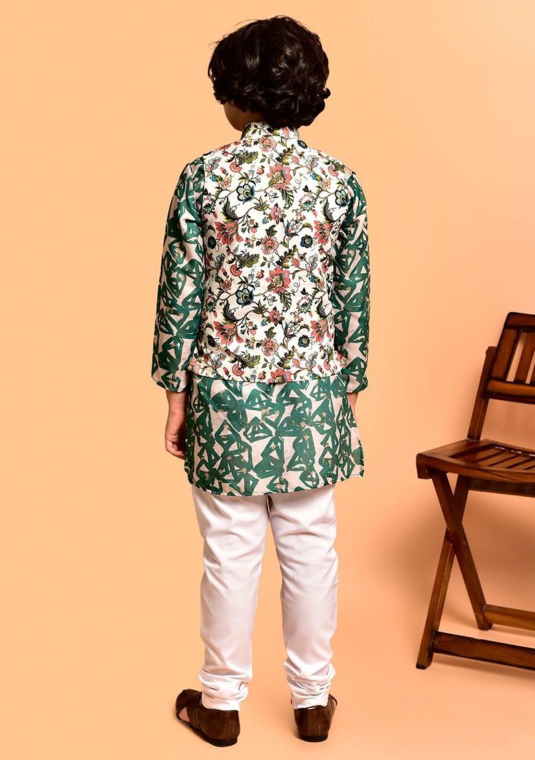Green Printed Blended Nehru Jacket Set For Boys - Indya