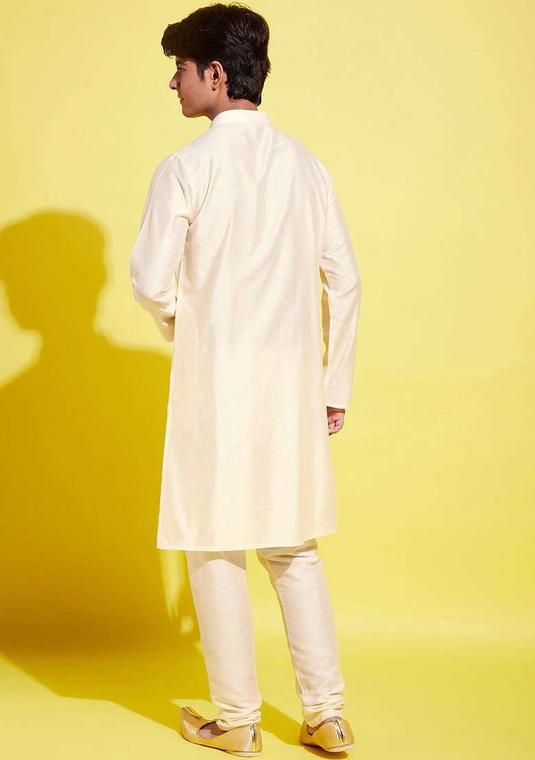 Cream Embroidered Blended Kurta Set For Boys - Indya