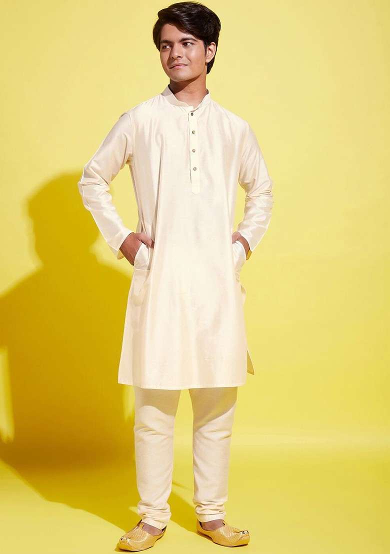 Cream Embroidered Blended Kurta Set For Boys - Indya