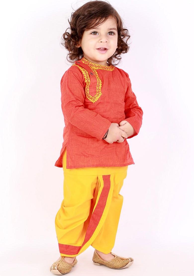 Red Embroidered Cotton Kurta Dhoti Set For Boys - Indya