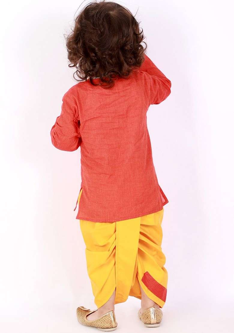 Red Embroidered Cotton Kurta Dhoti Set For Boys - Indya