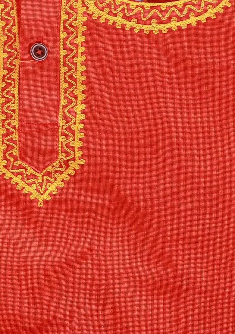Red Embroidered Cotton Kurta Dhoti Set For Boys - Indya