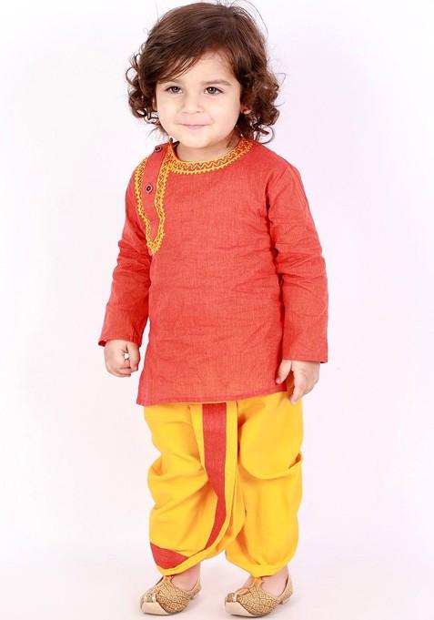 Red Embroidered Cotton Kurta Dhoti Set For Boys — view on Indya