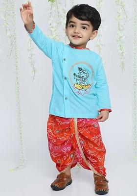 Blue Embroidered Cotton Kurta Dhoti Set For Boys