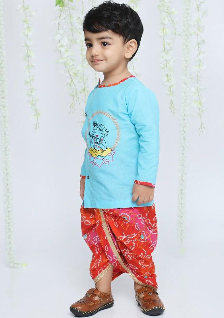 Blue Embroidered Cotton Kurta Dhoti Set For Boys - Indya