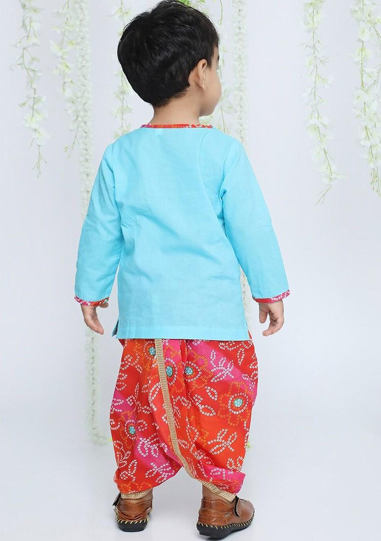 Blue Embroidered Cotton Kurta Dhoti Set For Boys - Indya