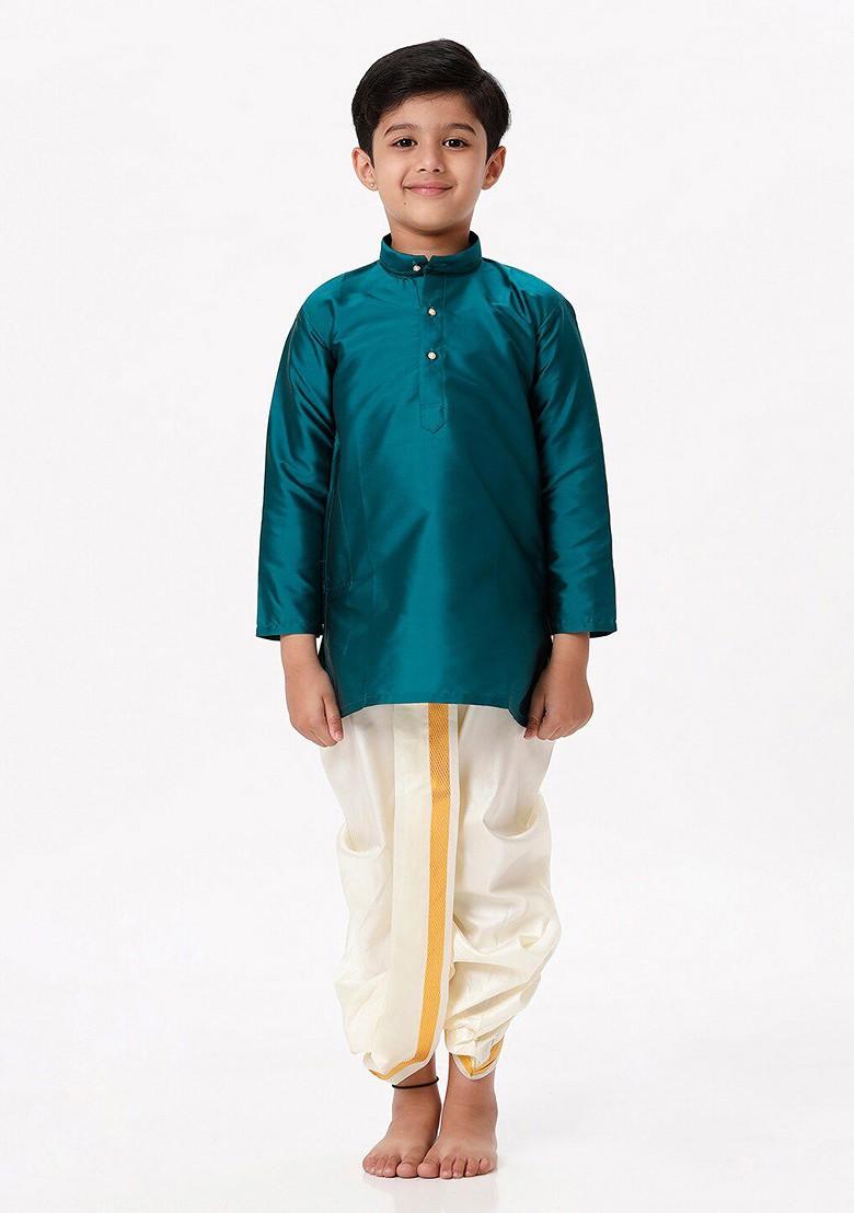 Green Embroidered Blended Kurta Set For Boys - Indya