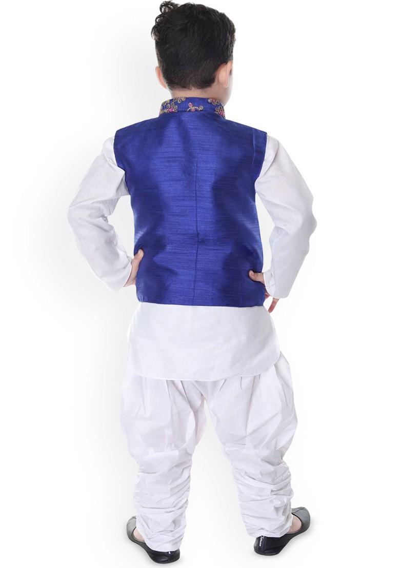 White Embroidered Blended Kurta Dhoti Set For Boys - Indya