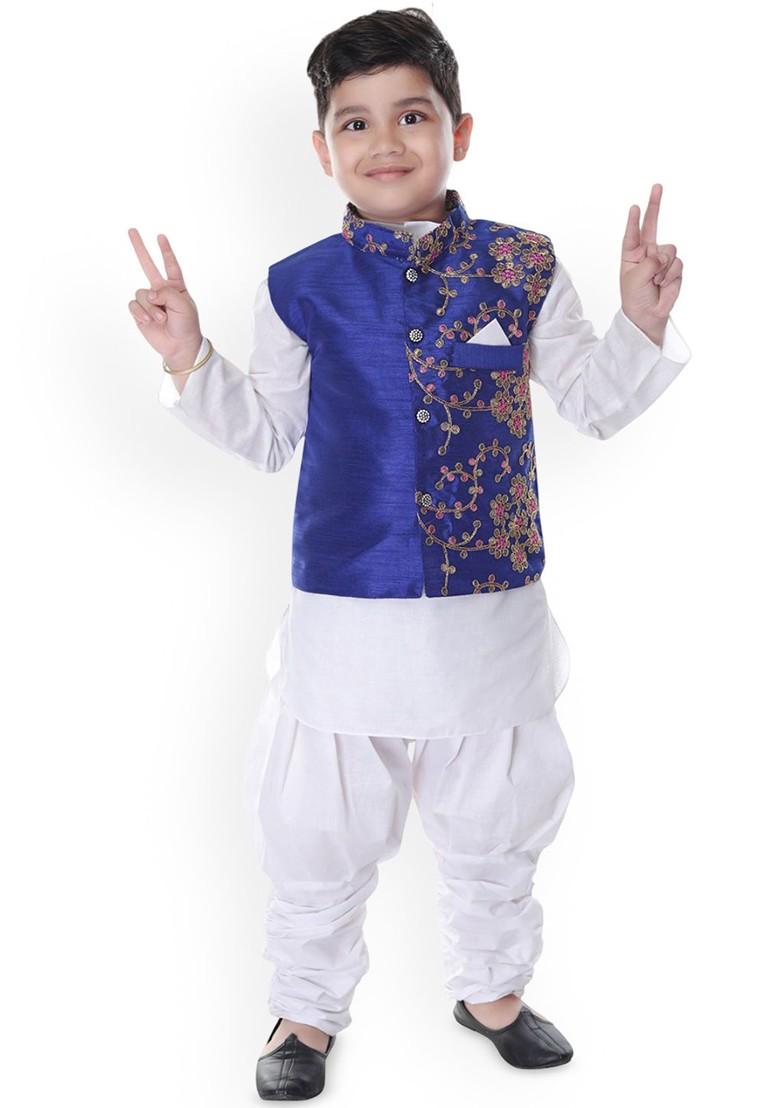 White Embroidered Blended Kurta Dhoti Set For Boys - Indya