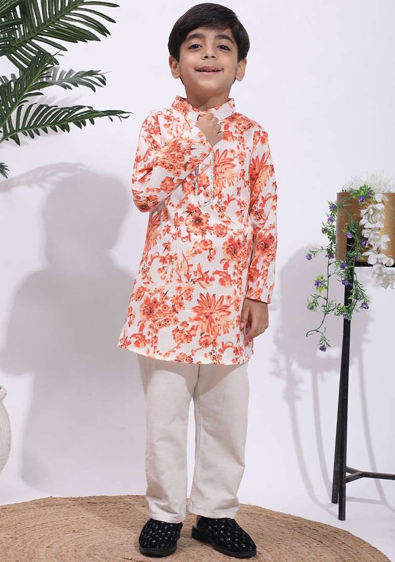 Orange Printed Blended Kurta Set For Boys - Indya