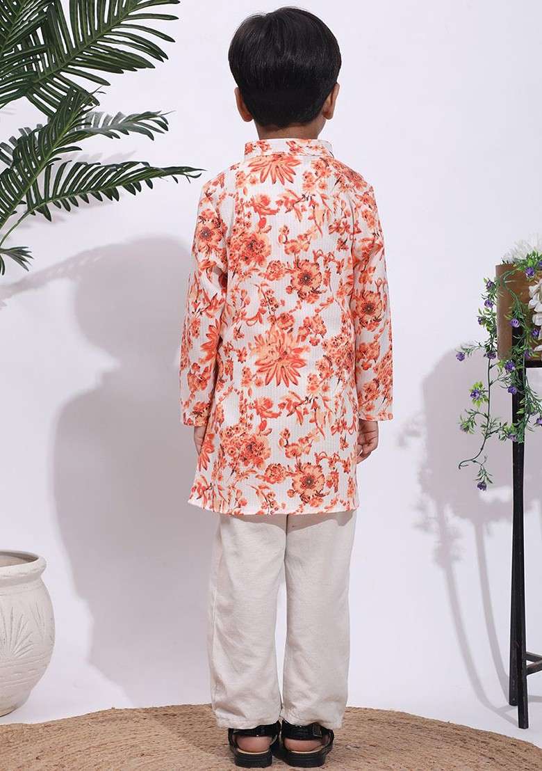 Orange Printed Blended Kurta Set For Boys - Indya