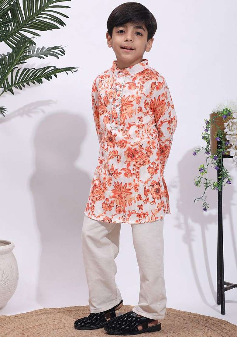 Orange Printed Blended Kurta Set For Boys - Indya