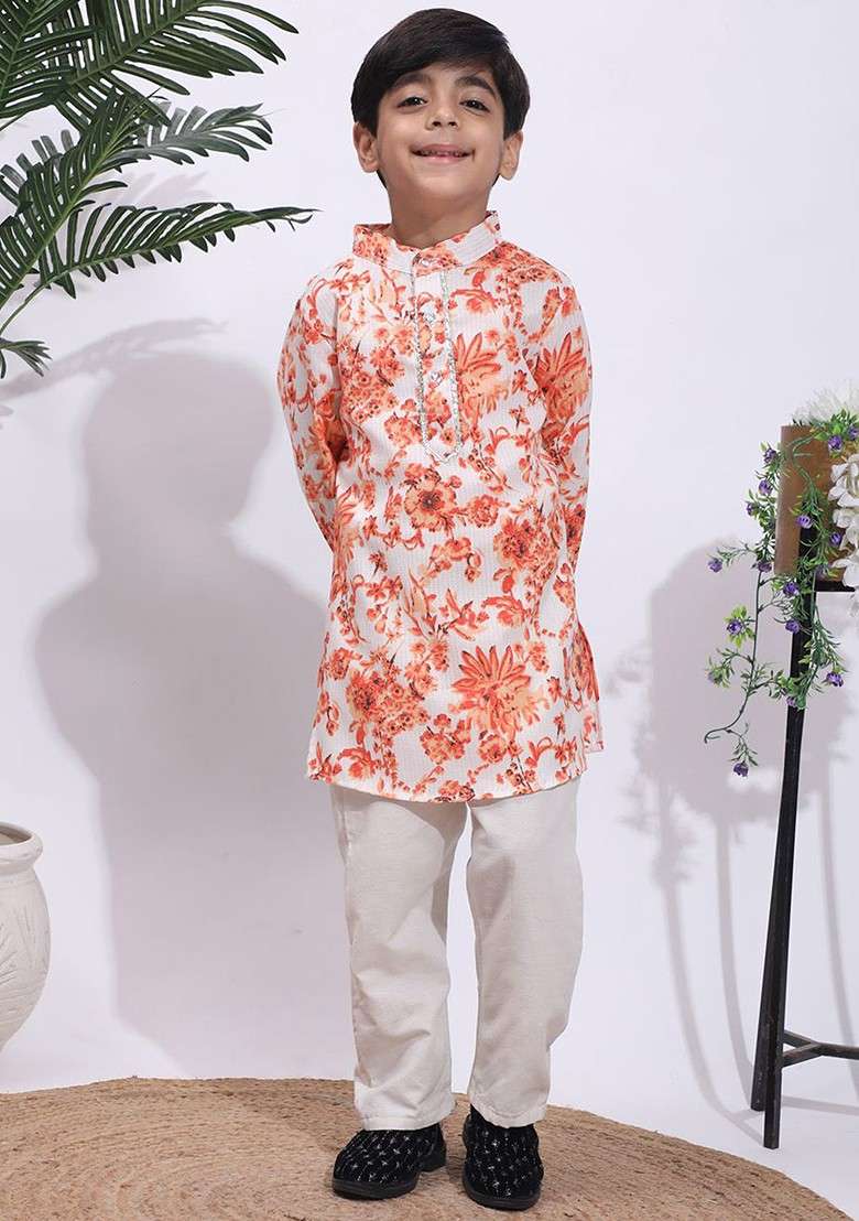 Orange Printed Blended Kurta Set For Boys - Indya